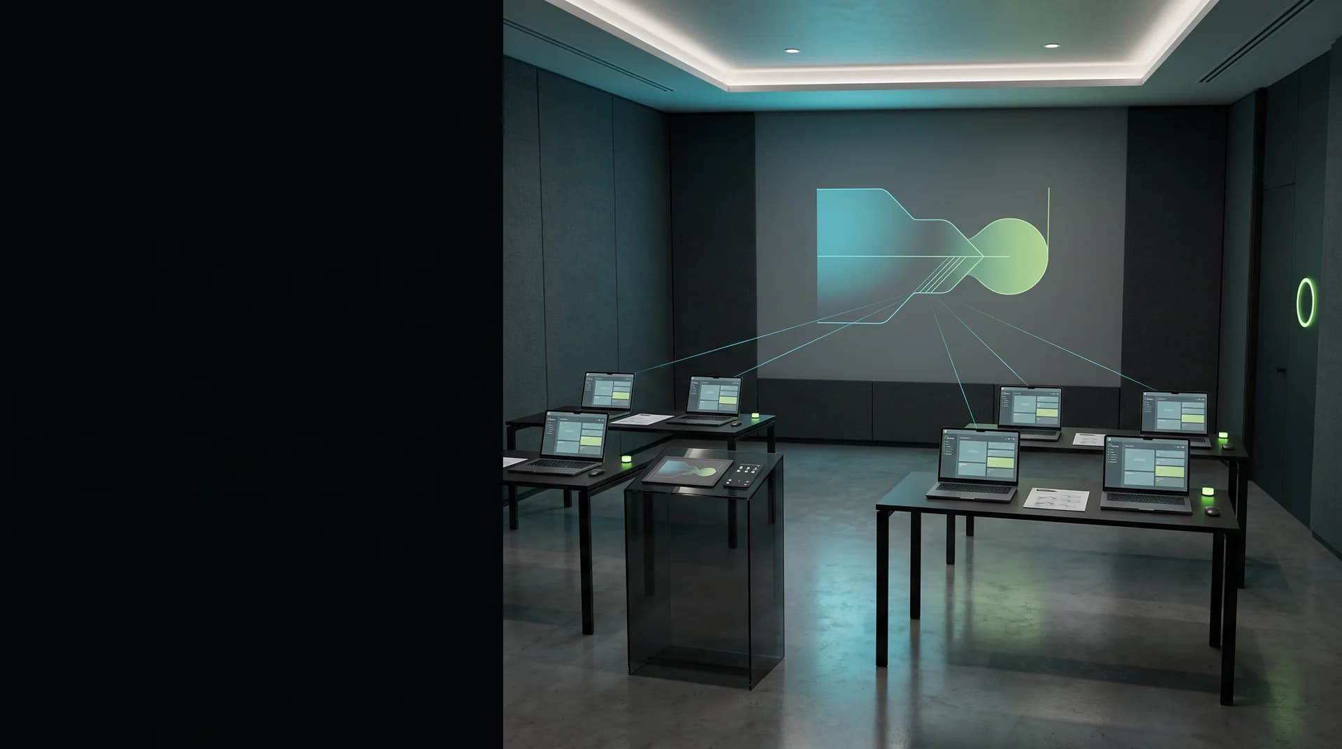 Sala ejecutiva preparada para una capacitación empresarial aplicada